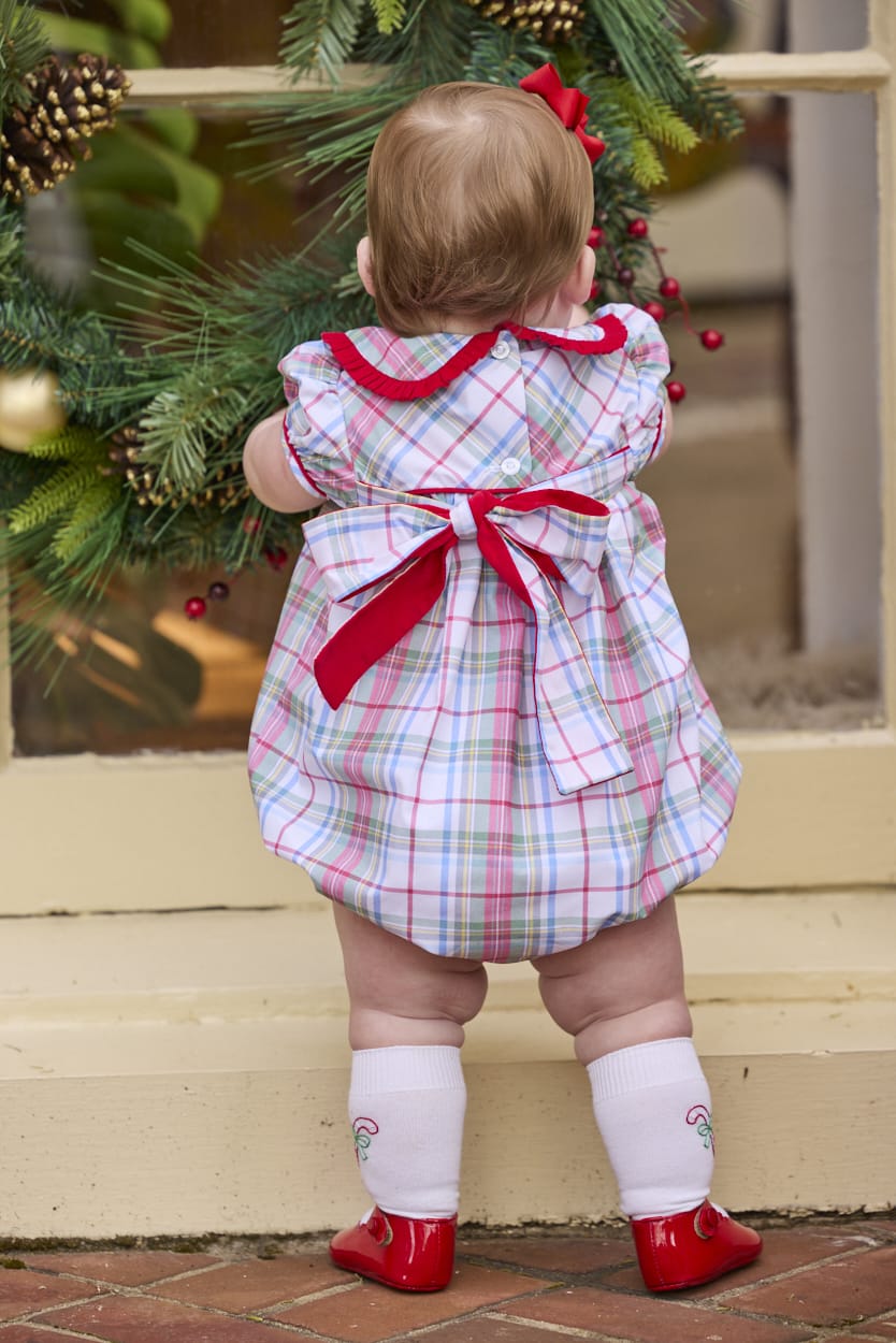 Little English traditional children's clothing.  Puff sleeve and ruffled peter pan collar bubble in red, blue, green, yellow, and white Douglas Plaid with red piping for baby girls for Christmas