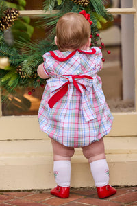 Little English traditional children's clothing.  Puff sleeve and ruffled peter pan collar bubble in red, blue, green, yellow, and white Douglas Plaid with red piping for baby girls for Christmas
