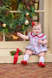 Little English traditional children's clothing.  Puff sleeve and ruffled peter pan collar bubble in red, blue, green, yellow, and white Douglas Plaid with red piping for baby girls for Christmas