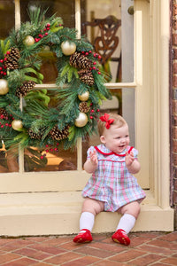 Little English traditional children's clothing.  Puff sleeve and ruffled peter pan collar bubble in red, blue, green, yellow, and white Douglas Plaid with red piping for baby girls for Christmas