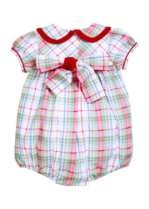 Little English traditional children's clothing.  Puff sleeve and ruffled peter pan collar bubble in red, blue, green, yellow, and white Douglas Plaid with red piping for baby girls for Christmas
