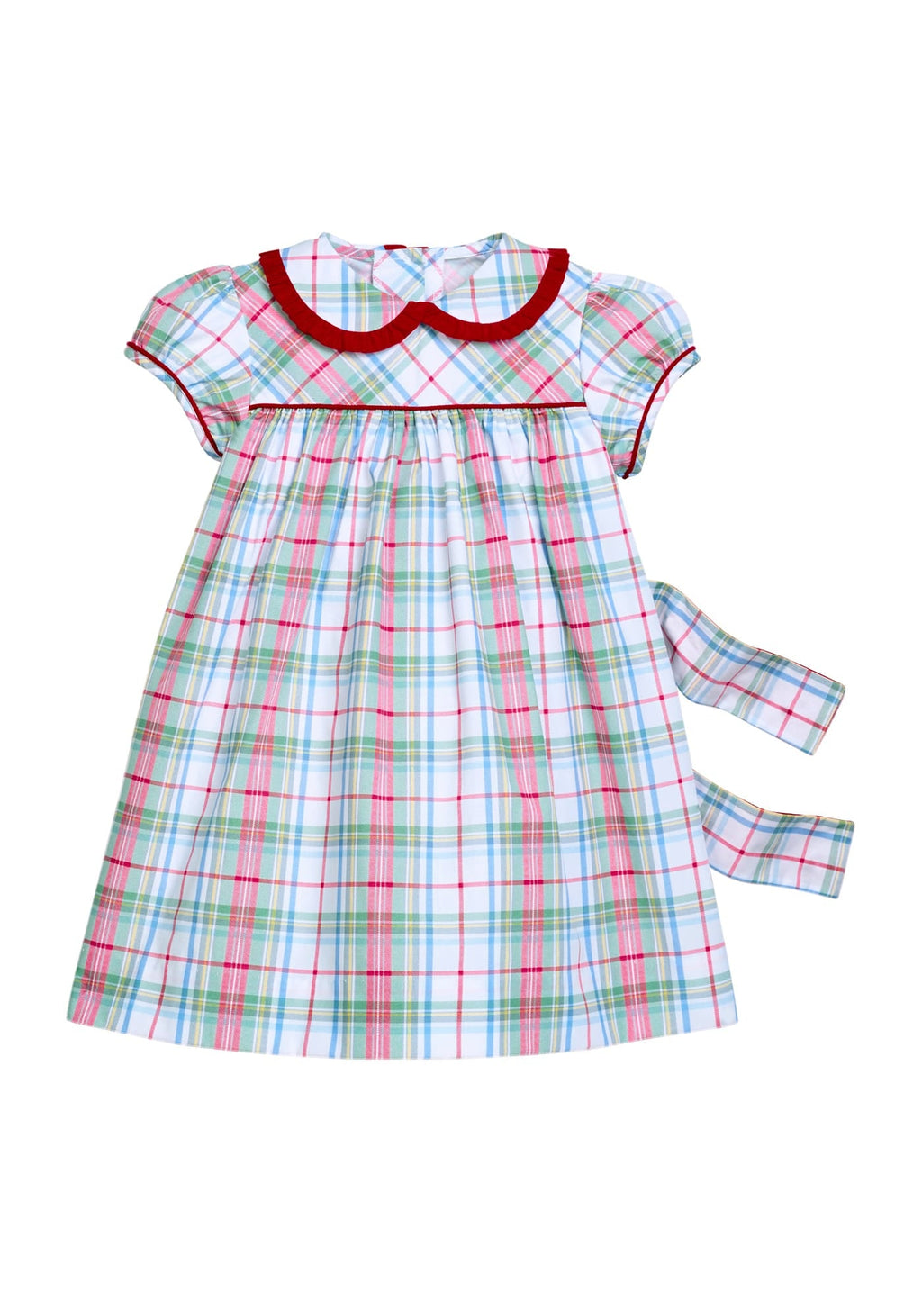 Little English classic children's clothing. Toddler girls puff sleeve dress in red and green plaid with ruffled peter pan collar and bow tie sash in back.