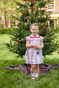 Little English classic children's clothing. Toddler girls puff sleeve dress in red and green plaid with ruffled peter pan collar and bow tie sash in back.