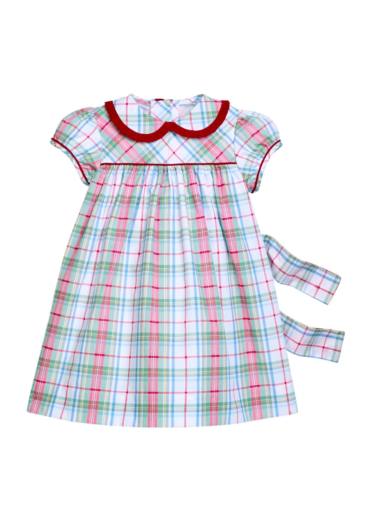 Little English classic children's clothing. Toddler girls puff sleeve dress in red and green plaid with ruffled peter pan collar and bow tie sash in back.