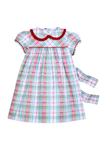 Little English classic children's clothing. Toddler girls puff sleeve dress in red and green plaid with ruffled peter pan collar and bow tie sash in back.