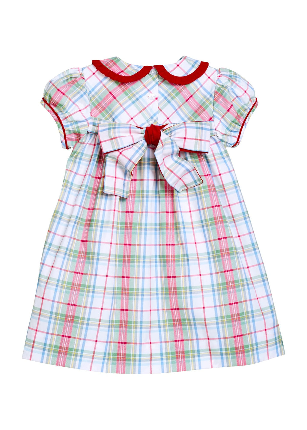 Little English classic children's clothing. Toddler girls puff sleeve dress in red and green plaid with ruffled peter pan collar and bow tie sash in back.