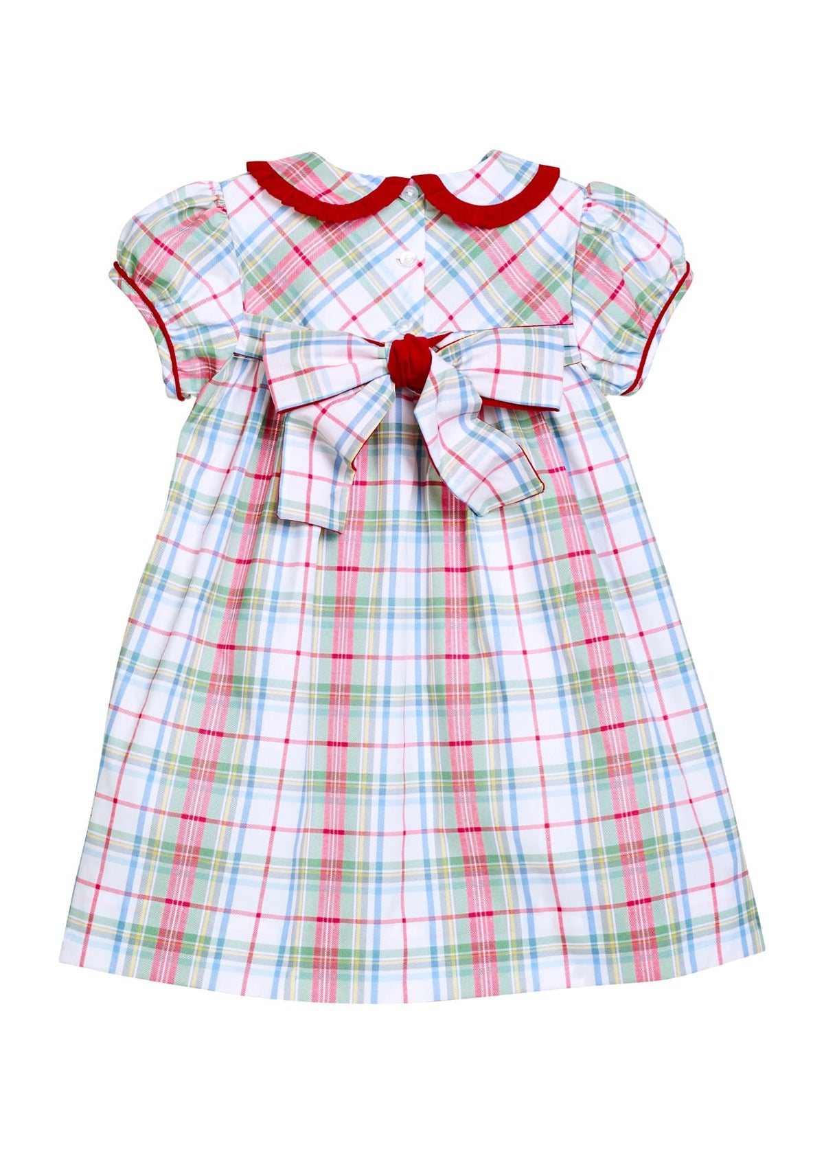 Little English classic children's clothing. Toddler girls puff sleeve dress in red and green plaid with ruffled peter pan collar and bow tie sash in back.