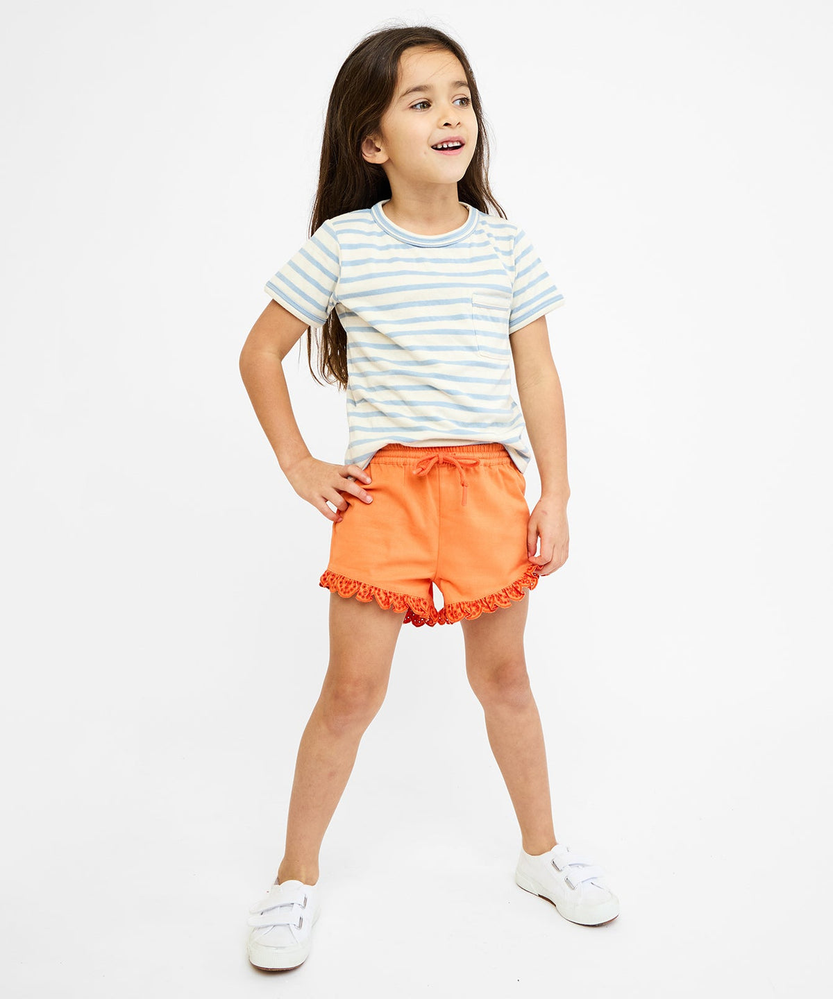 Front view of Eleanor Short in cantaloupe showcasing elastic drawstring waist and scalloped lace trim on a white background