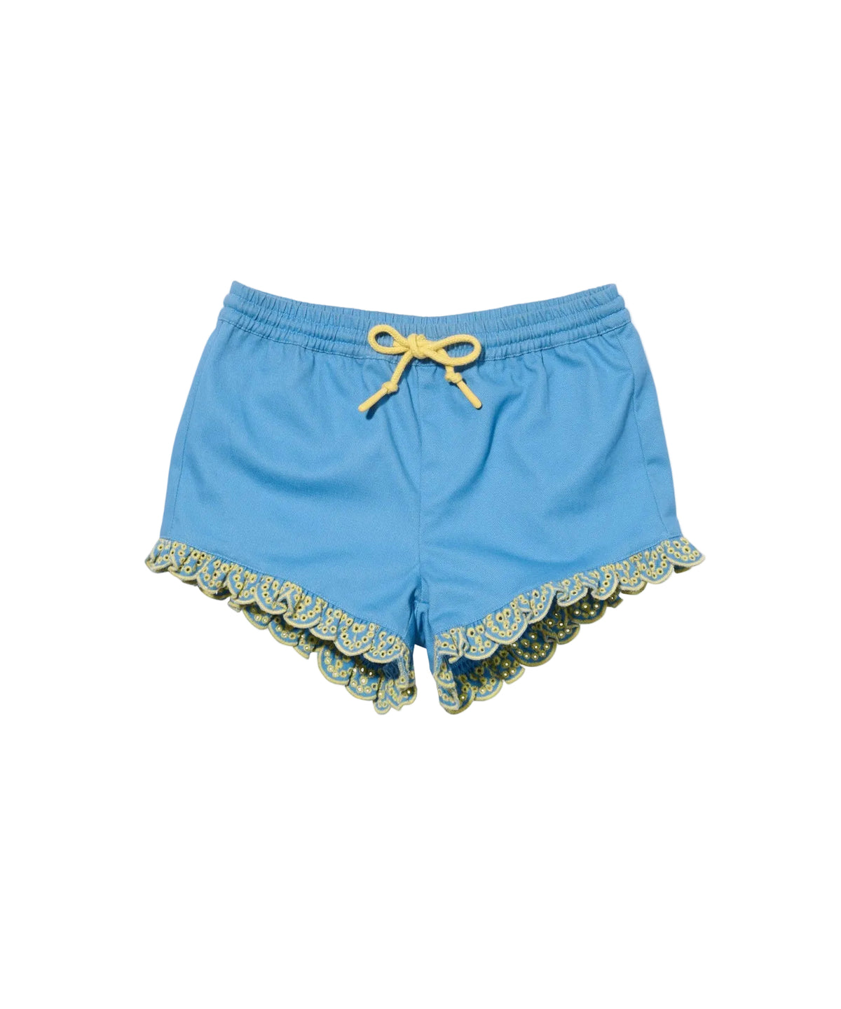 Front view of Eleanor Short, French blue, elastic waist with yellow drawstring and scalloped eyelet hem on white background
