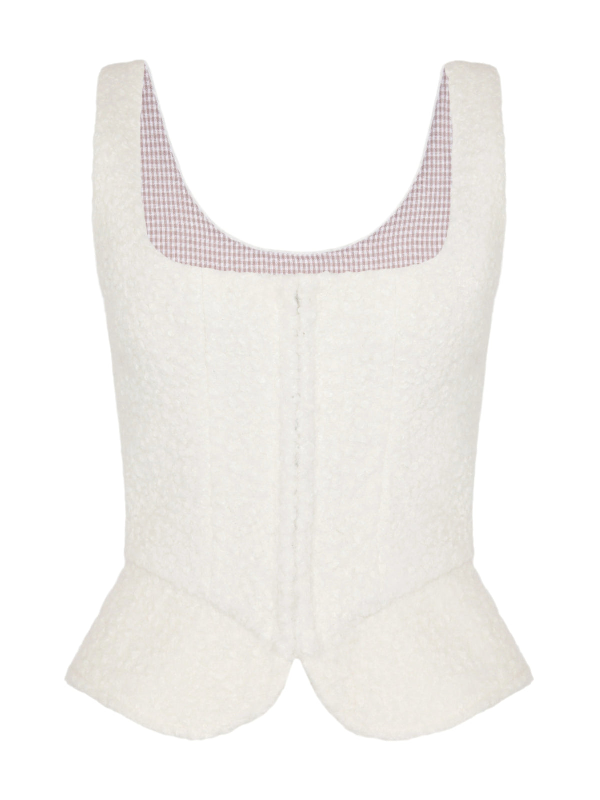 Front view of Electra Bodice in White showcasing textured bouclé and corset-inspired cut on a white background