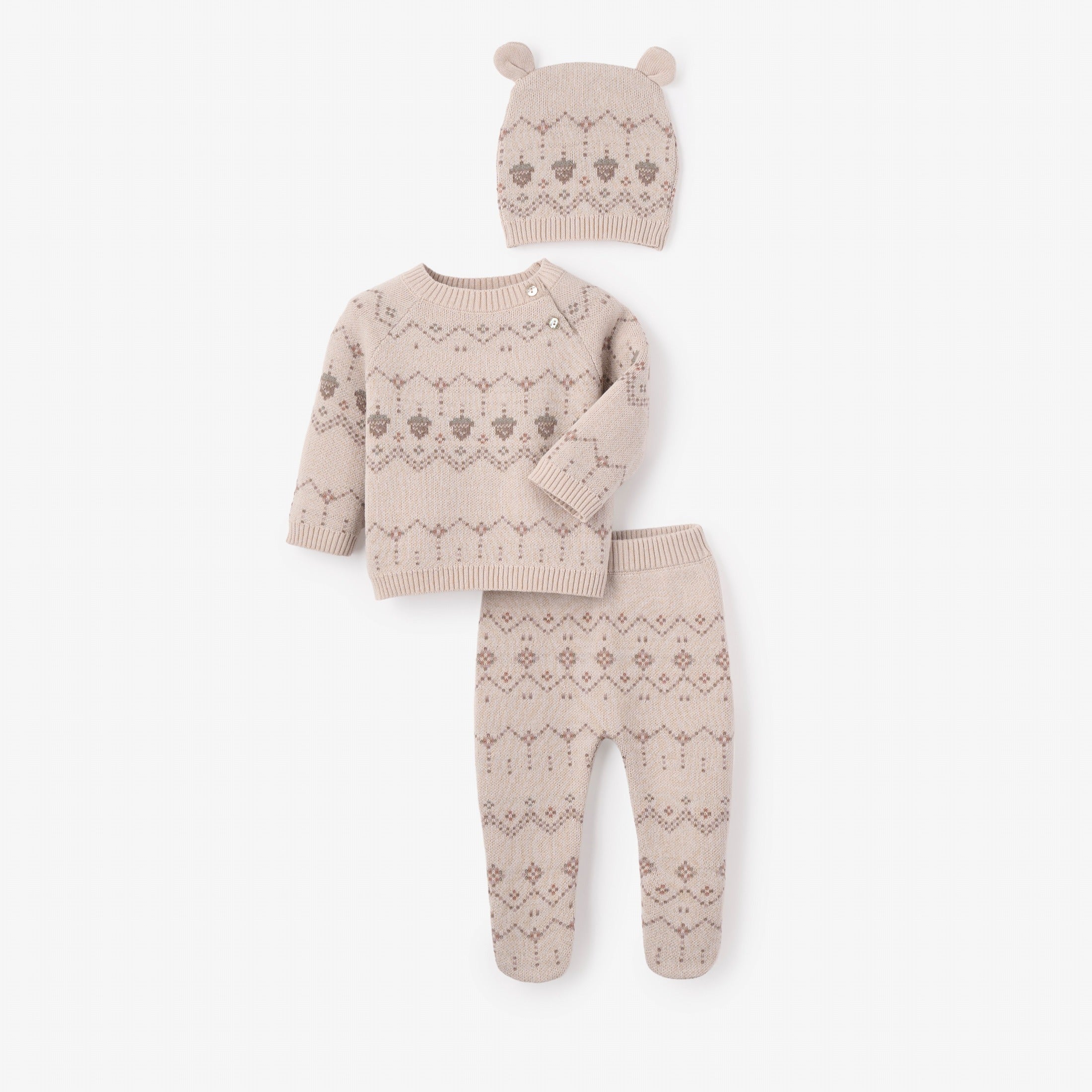 Acorn Fairisle Sweater, Footed Pant + Hat Set 3pc 0-3Mo