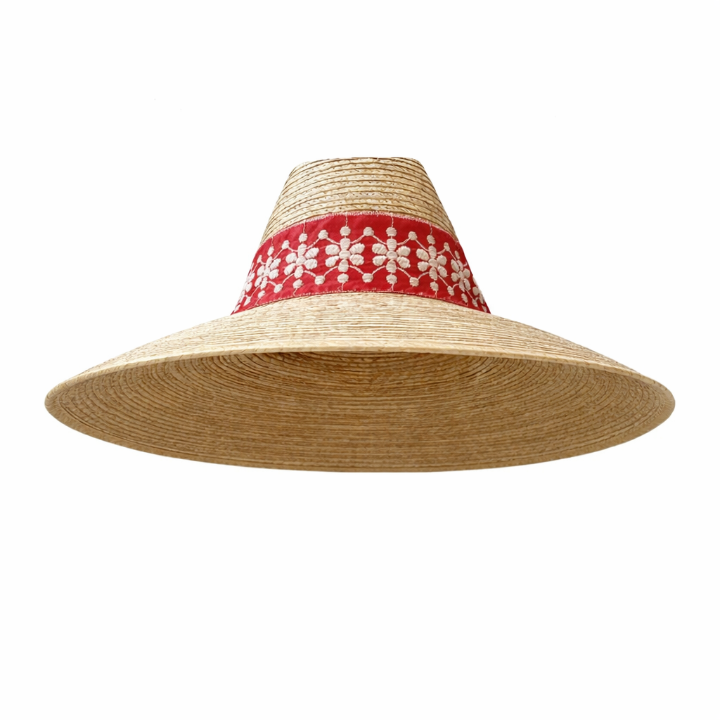 Hollyhock Sun Hat in Vintage Red with White Embroidered Ribbon