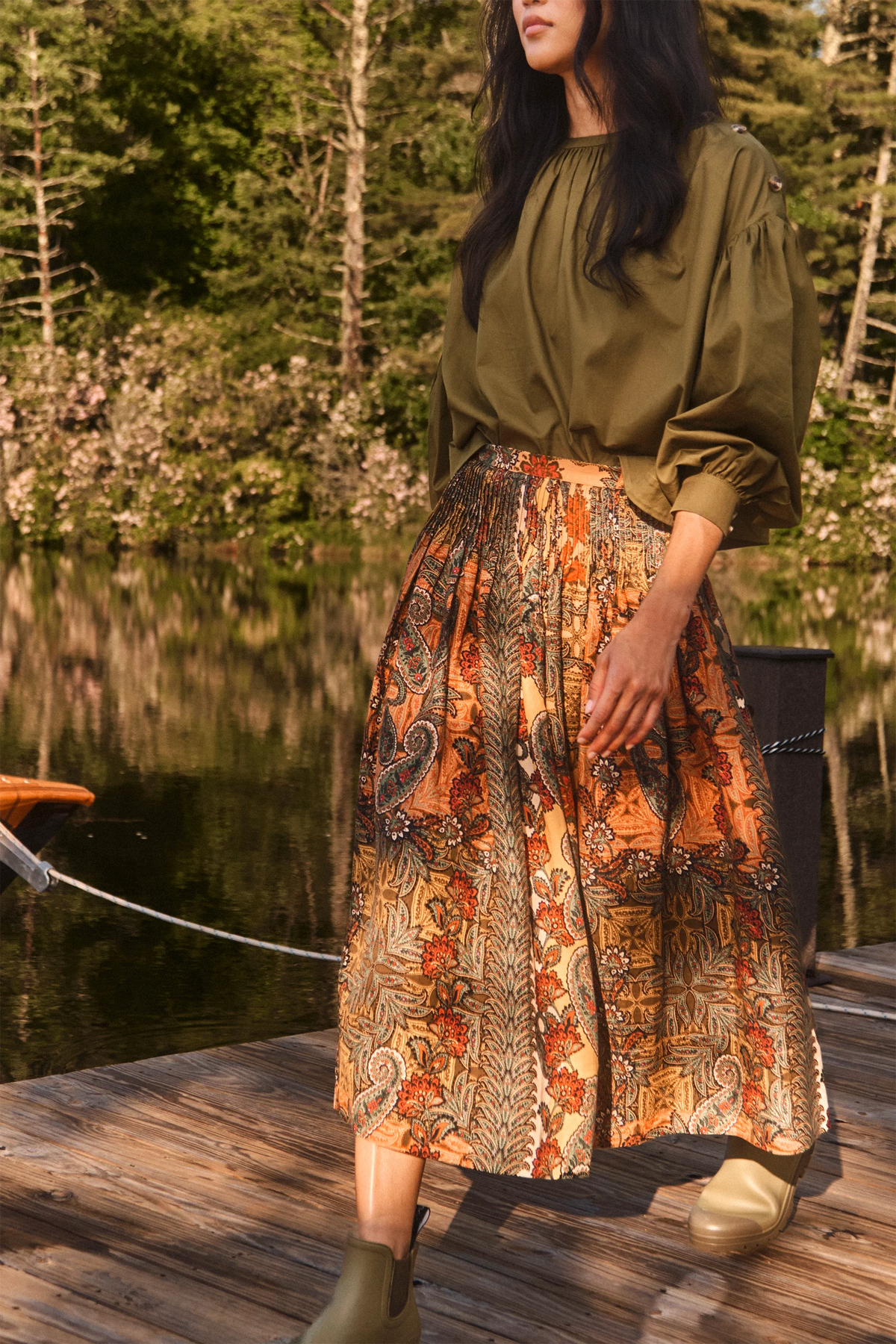 The Eli Top in pine grove with Fallon Skirt in highland tapestry. 