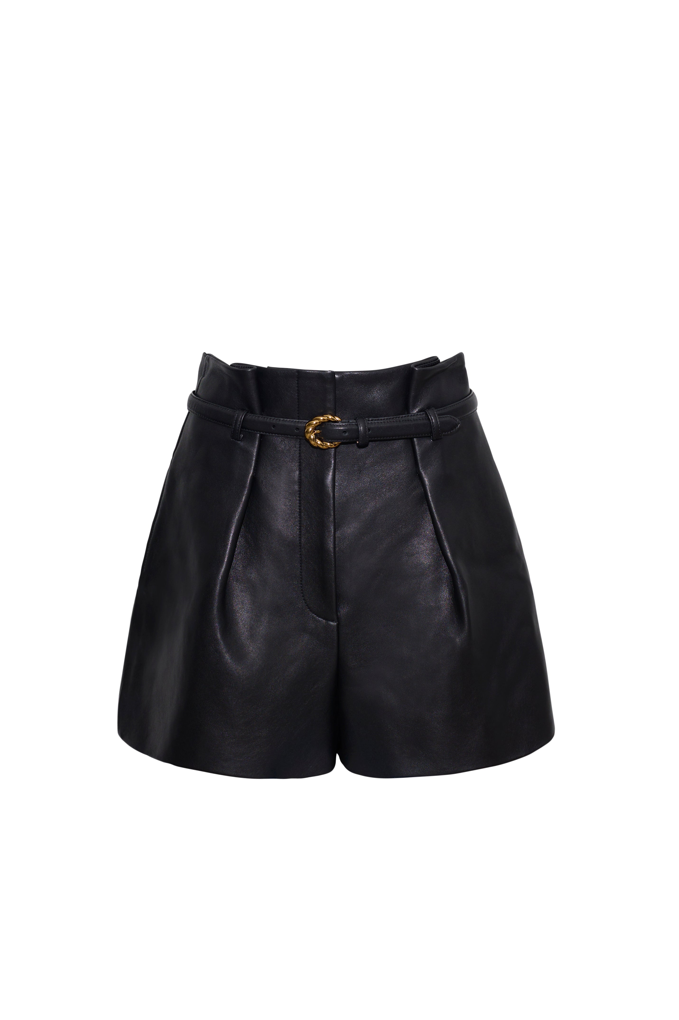 Front view of Eliana Shorts in Black showcasing a belted waist and front pockets with a white background