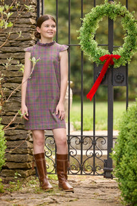 Little English traditional children's clothing. Olive and maroon Thornhill Plaid column dress with capped sleeves, ruffled neckline, and fixed bow in back for older girls for the holidays