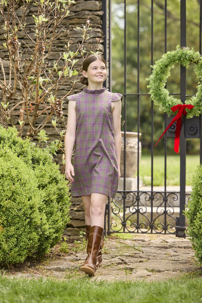 Little English traditional children's clothing. Olive and maroon Thornhill Plaid column dress with capped sleeves, ruffled neckline, and fixed bow in back for older girls for the holidays