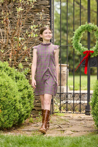Little English traditional children's clothing. Olive and maroon Thornhill Plaid column dress with capped sleeves, ruffled neckline, and fixed bow in back for older girls for the holidays