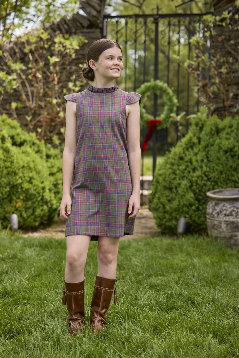 Little English traditional children's clothing. Olive and maroon Thornhill Plaid column dress with capped sleeves, ruffled neckline, and fixed bow in back for older girls for the holidays