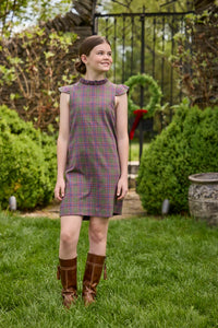 Little English traditional children's clothing. Olive and maroon Thornhill Plaid column dress with capped sleeves, ruffled neckline, and fixed bow in back for older girls for the holidays