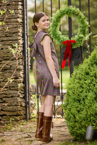 Little English traditional children's clothing. Olive and maroon Thornhill Plaid column dress with capped sleeves, ruffled neckline, and fixed bow in back for older girls for the holidays