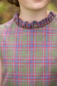 Little English traditional children's clothing. Olive and maroon Thornhill Plaid column dress with capped sleeves, ruffled neckline, and fixed bow in back for older girls for the holidays
