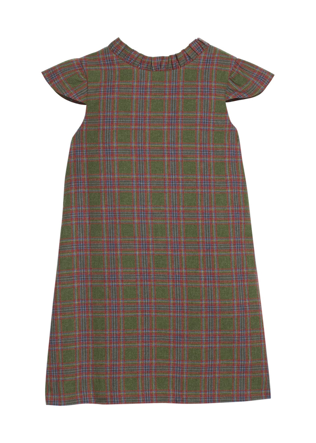 Little English traditional children's clothing. Olive and maroon Thornhill Plaid column dress with capped sleeves, ruffled neckline, and fixed bow in back for older girls for the holidays