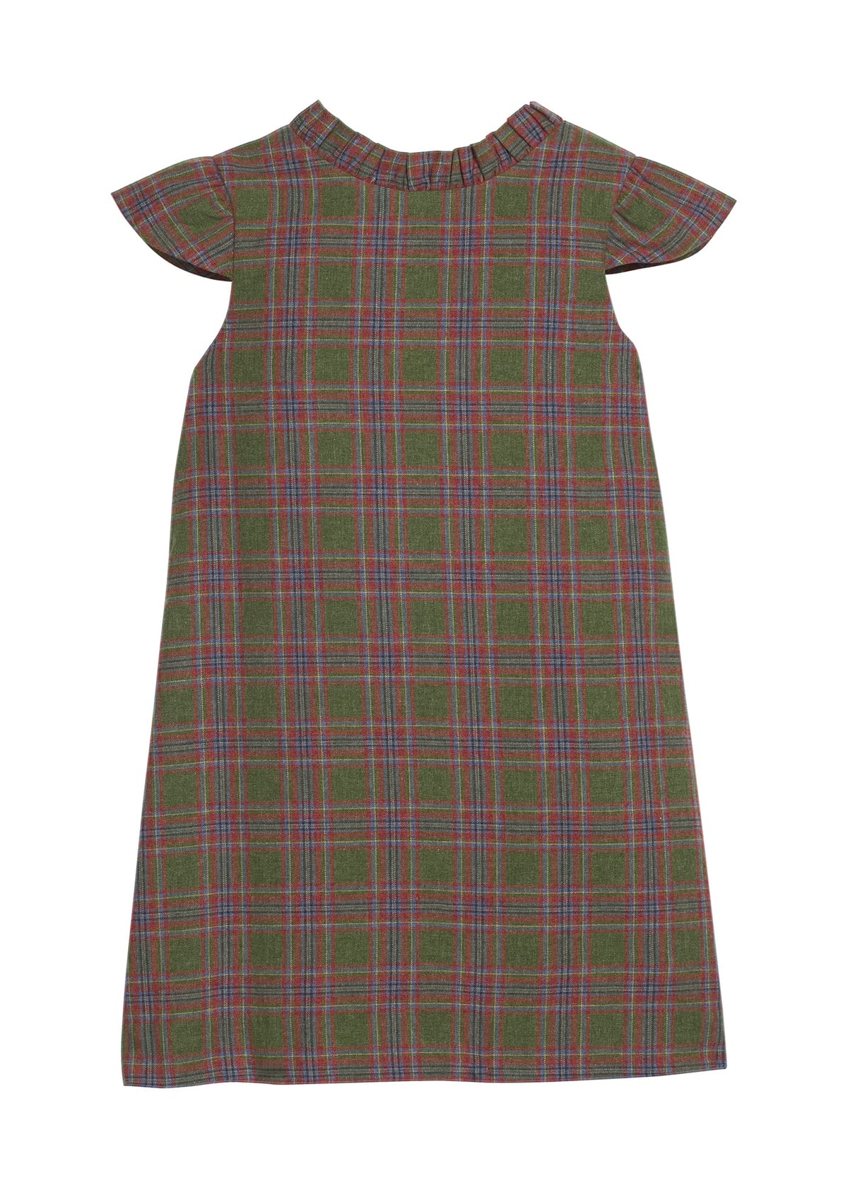 Little English traditional children's clothing. Olive and maroon Thornhill Plaid column dress with capped sleeves, ruffled neckline, and fixed bow in back for older girls for the holidays