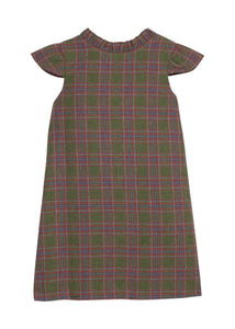 Little English traditional children's clothing. Olive and maroon Thornhill Plaid column dress with capped sleeves, ruffled neckline, and fixed bow in back for older girls for the holidays