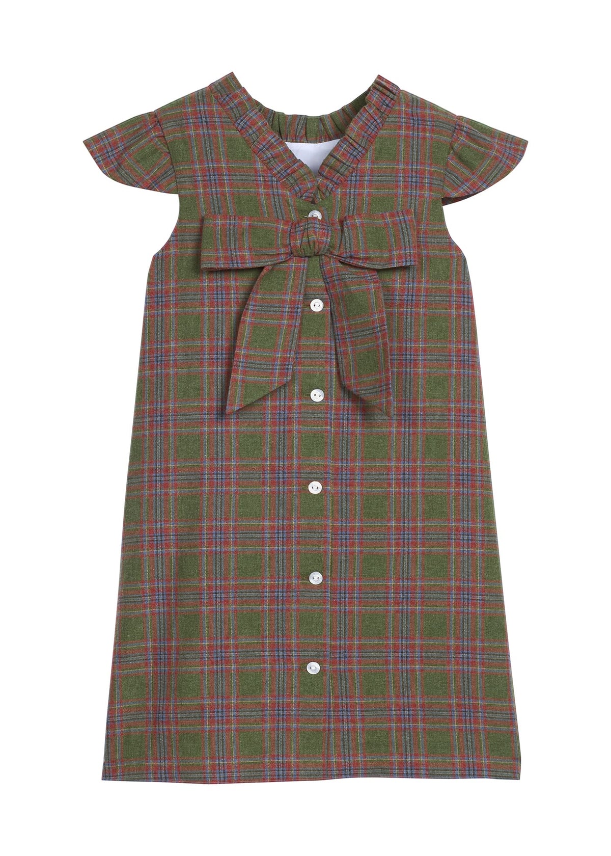 Little English traditional children's clothing. Olive and maroon Thornhill Plaid column dress with capped sleeves, ruffled neckline, and fixed bow in back for older girls for the holidays