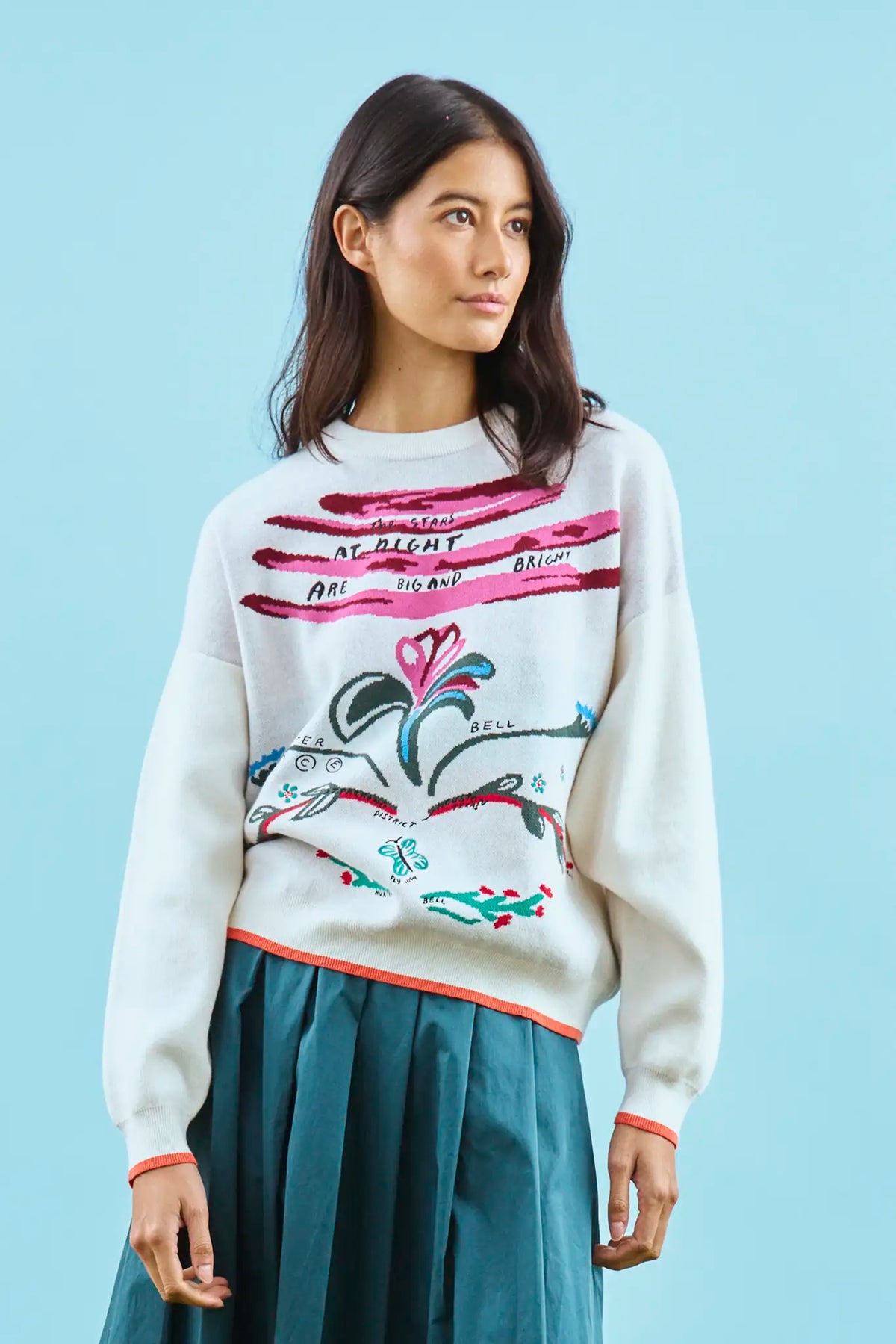 The Elizabeth Sweater is a crewneck with a pull-over design in the anniversary print.