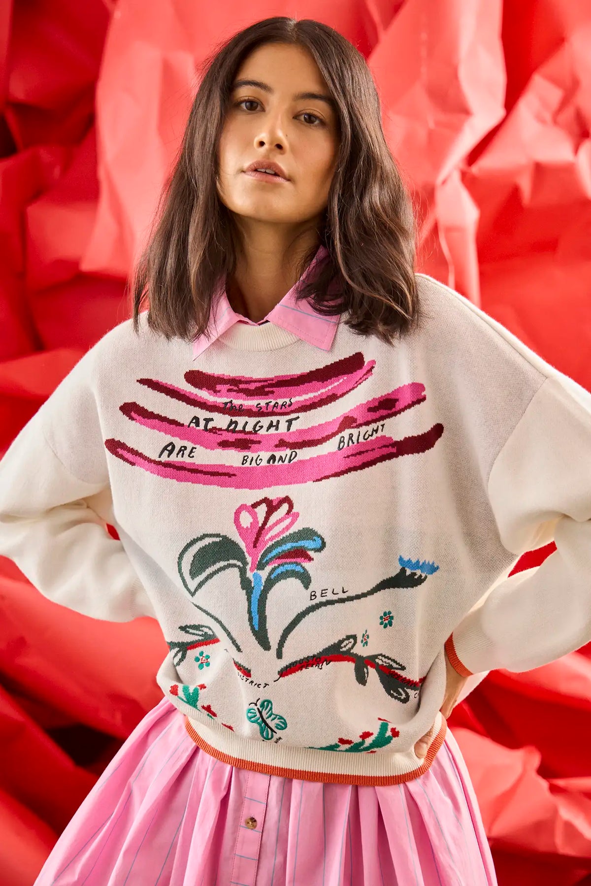 The Elizabeth Sweater is a crewneck with a pull-over design in the anniversary print.