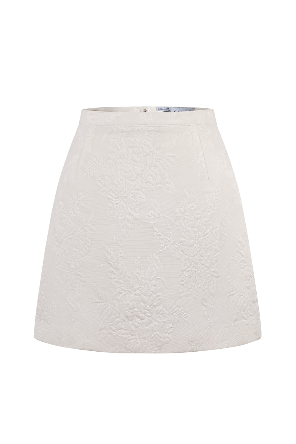 Front view of Ella Bride Fleur skirt showcasing white textured floral jacquard and A-line silhouette on white background