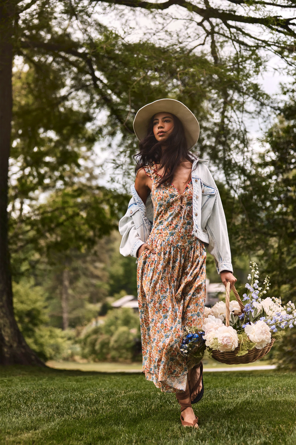 The Ella Lee Dress in Gertrude print paired with Solene Jacket in Washed Blue Denim. 