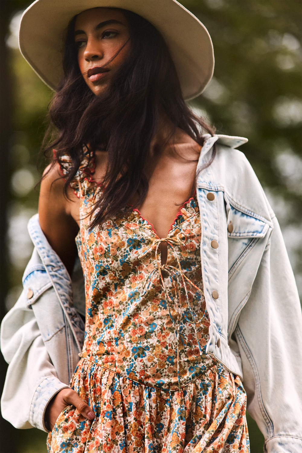 The Ella Lee Dress in Gertrude print paired with Solene Jacket in Washed Blue Denim. 