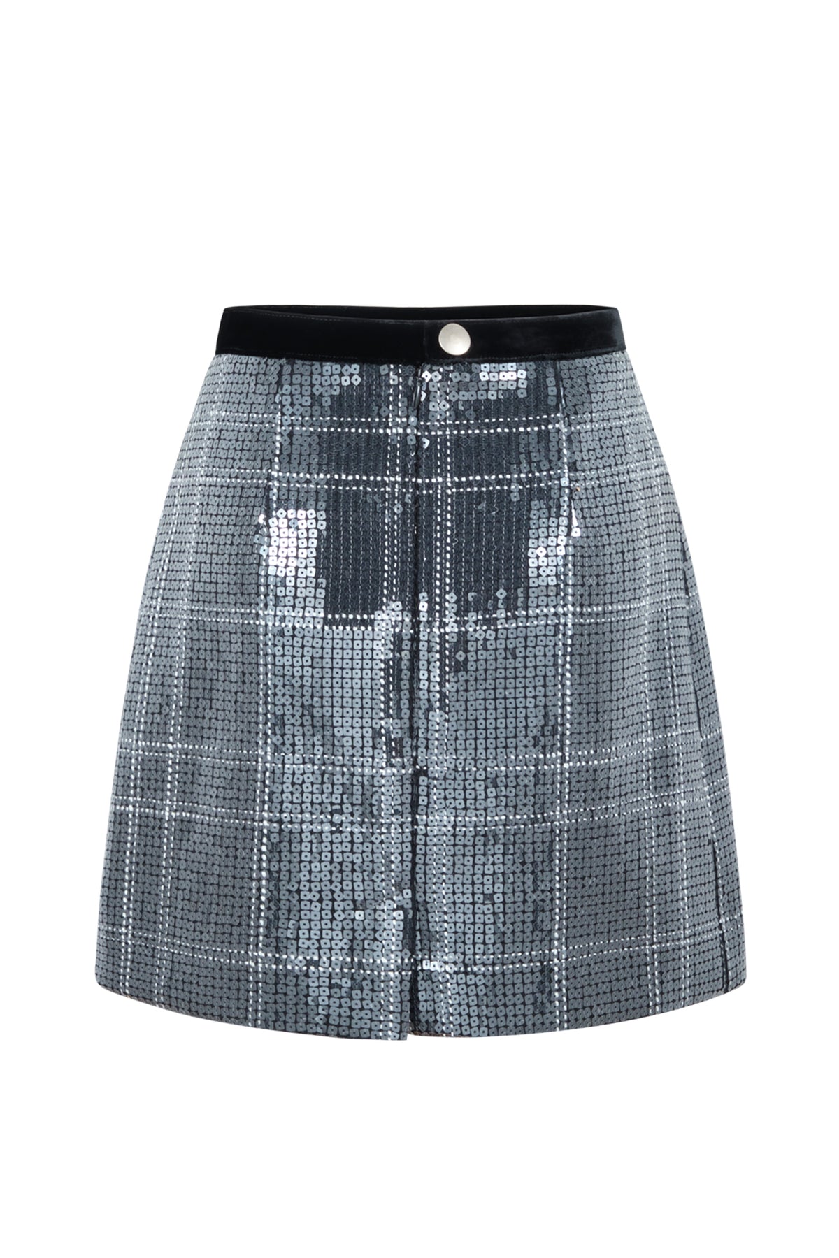 Back view of Ella Sequin in Silver mini skirt showcasing checkered silver sequin fabric on white background