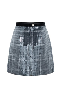 Back view of Ella Sequin in Silver mini skirt showcasing checkered silver sequin fabric on white background