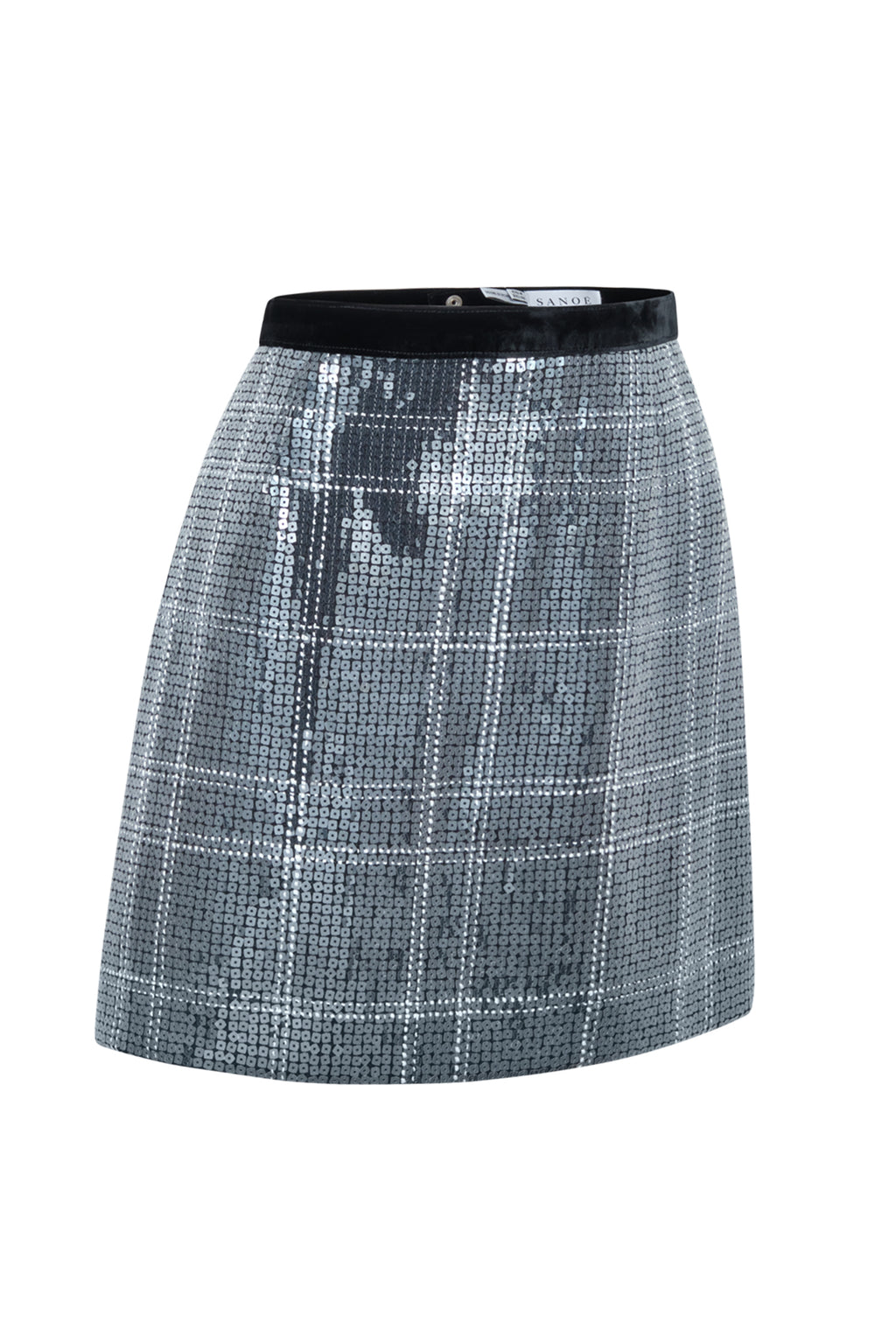 Angled view of Ella Sequin in Silver showcasing its checkered silver sequin fabric and mini length on a white background