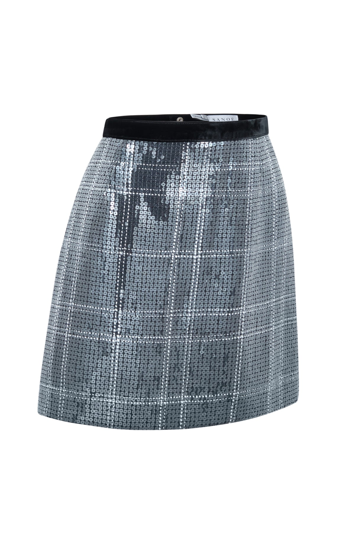 Angled view of Ella Sequin in Silver showcasing its checkered silver sequin fabric and mini length on a white background