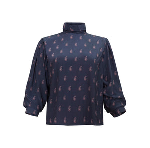 Front view of Ellerie Top in Paisley Posey showcasing ruched turtleneck and paisley print with white background