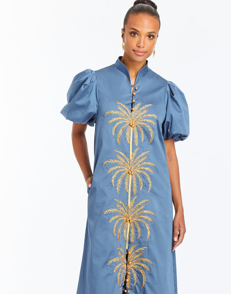 Elliana Barong Midi Dress in French Blue/Gold