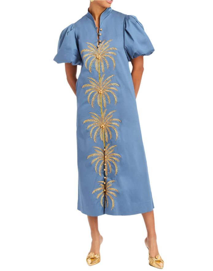 Elliana Barong Midi Dress in French Blue/Gold