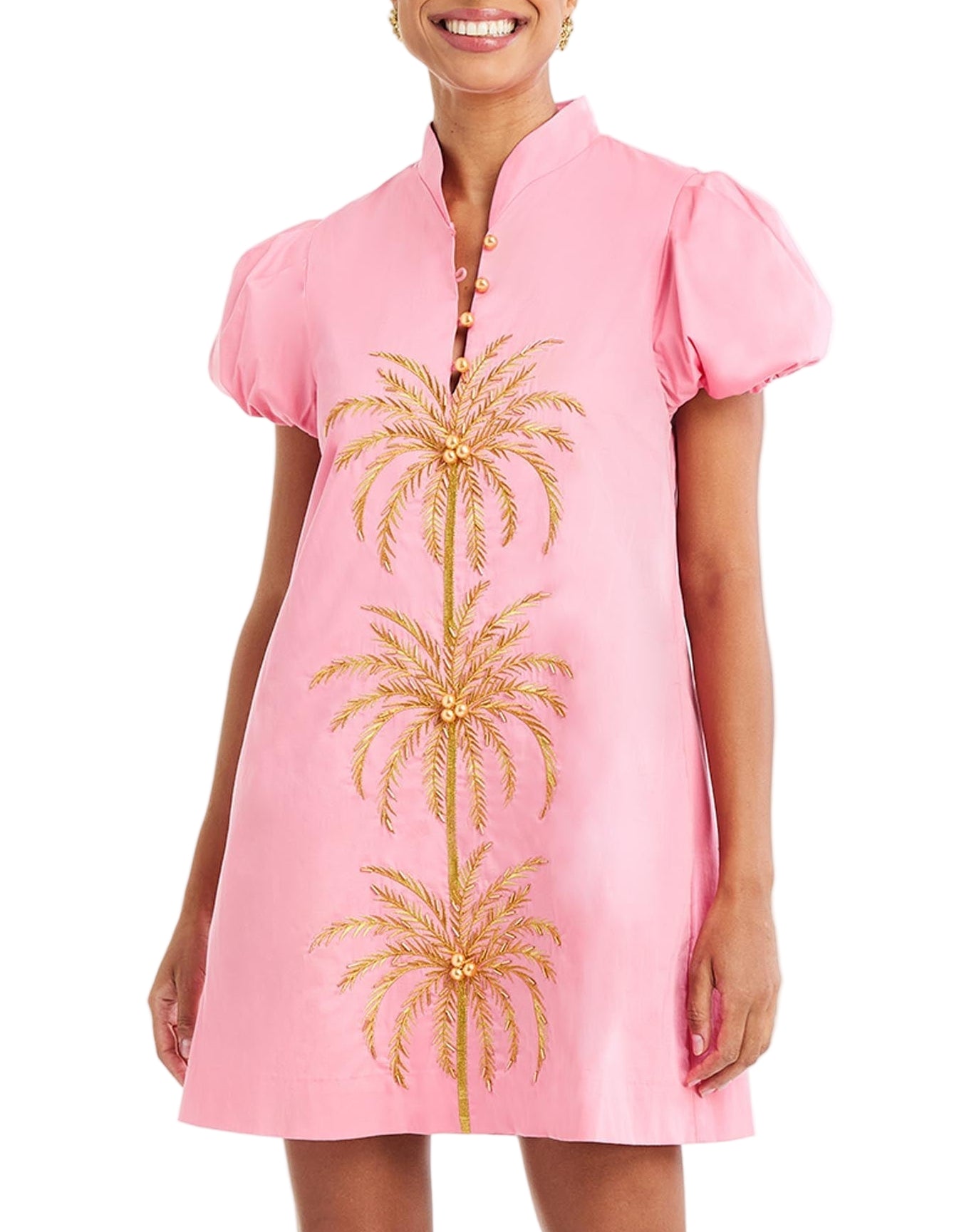 Elliana Barong Mini Dress in Aurora Pink Front Image – shift mini dress with palm tree embroidery, puff sleeves, mandarin collar, and side pockets by Mestiza New York.