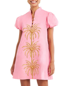 Elliana Barong Mini Dress in Aurora Pink Front Image – shift mini dress with palm tree embroidery, puff sleeves, mandarin collar, and side pockets by Mestiza New York.