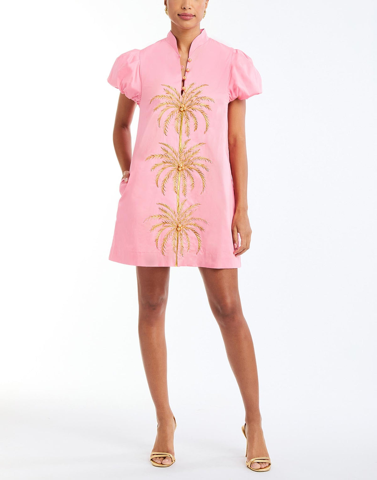 Elliana Barong Mini Dress in Aurora Pink Full body – shift mini dress with palm tree embroidery, puff sleeves, mandarin collar, and side pockets by Mestiza New York.