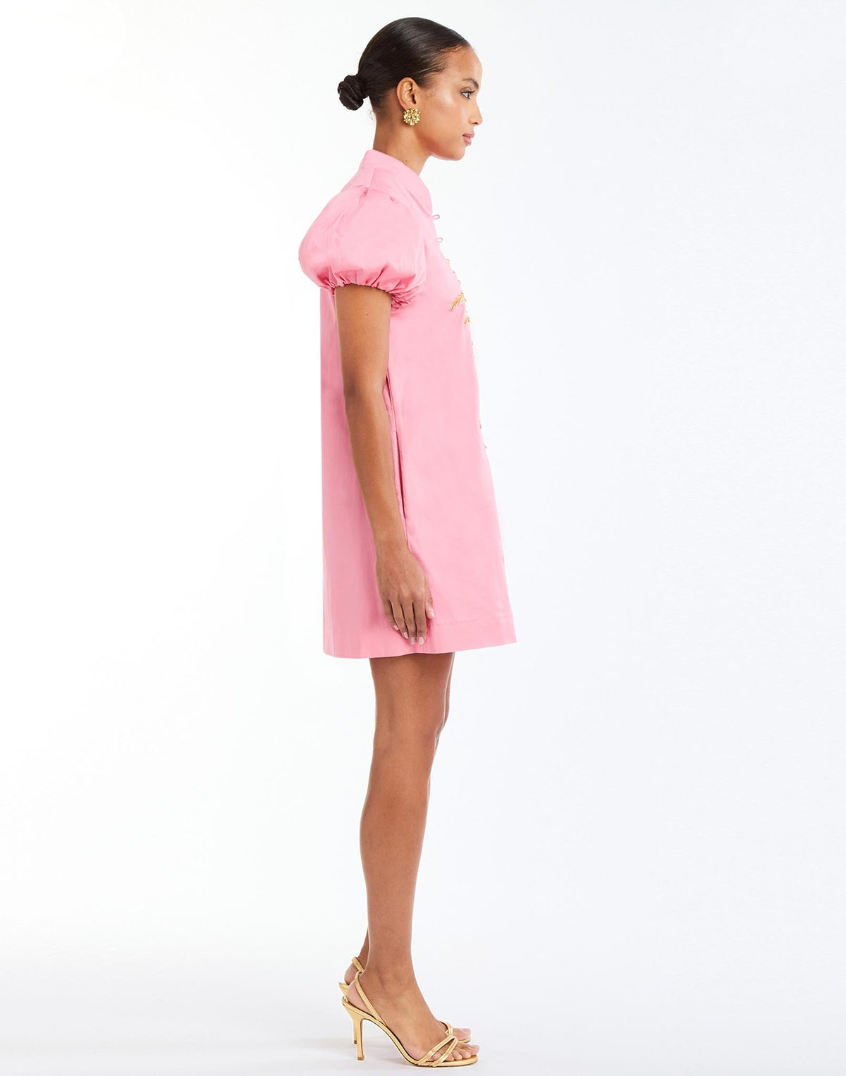 Elliana Barong Mini Dress in Aurora Pink side – shift mini dress with palm tree embroidery, puff sleeves, mandarin collar, and side pockets by Mestiza New York.