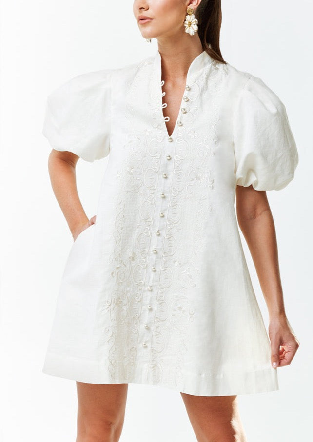 Modern barong mini dress with mandarin collar, pearlized buttons, embroidery and pockets