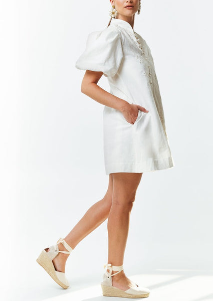 knee length dresses for ladies Elliana Barong Mini Dress in Ivory L / Ivory Embroidered Linen