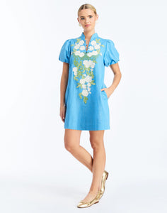 Front - Elliana Mini Dress in Cobalt Blue is an embroidered linen mini with V-neck, puff sleeves, and floral detailing.