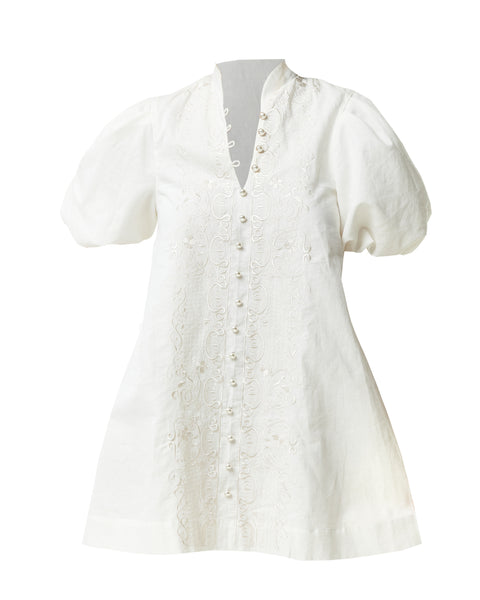 Elliana Barong Mini Dress in Ivory L / Ivory Embroidered Linen