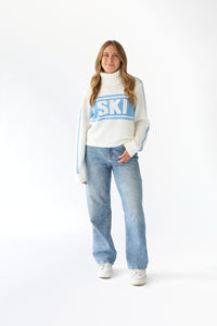 Cropped Vintage Ski Turtleneck Sweater in Ivory Blue